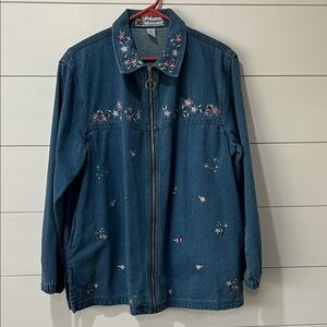 Dark Blue Embroidered Denim Jacket with Floral Detail